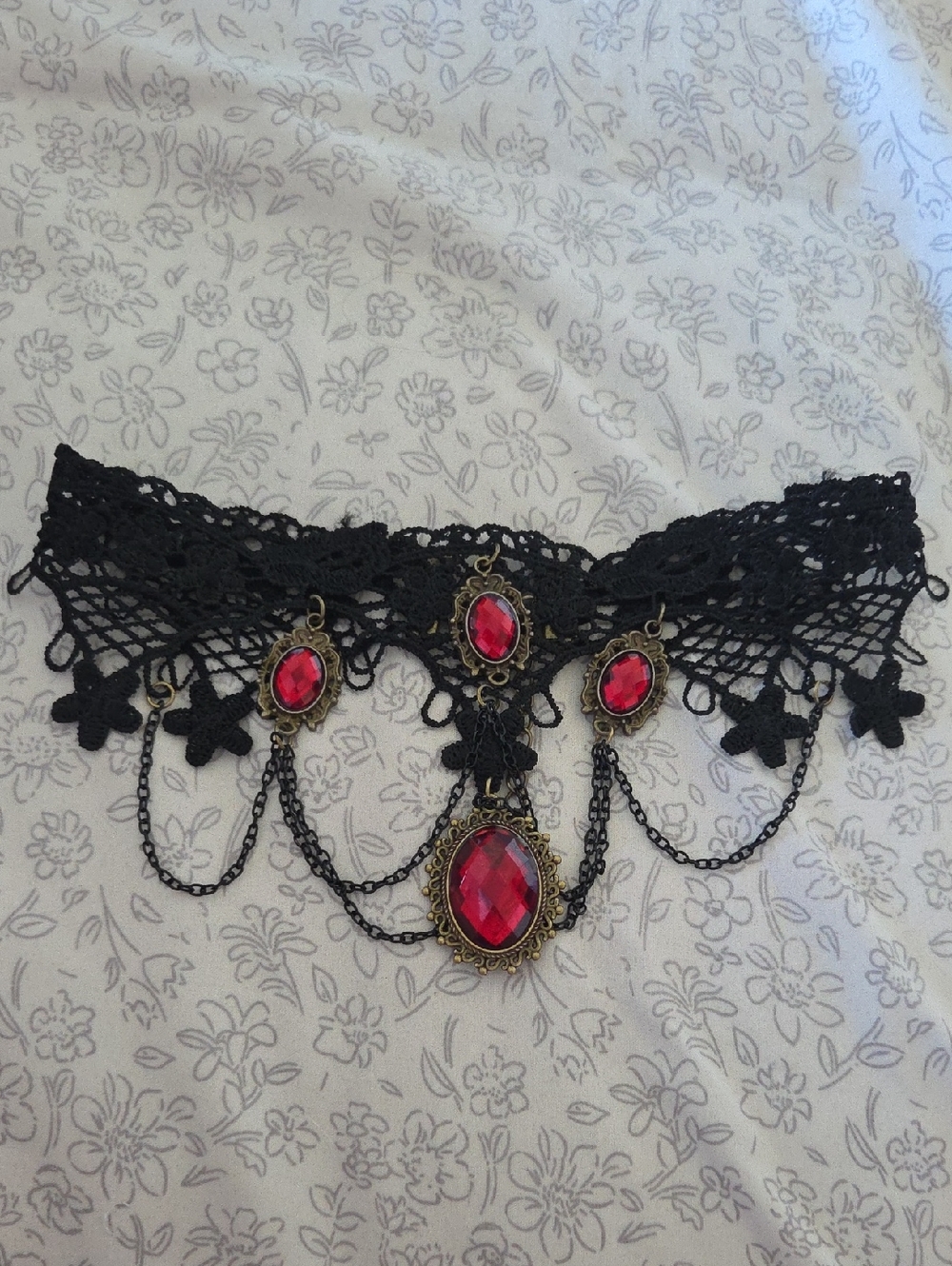 Black Lace Choker with Red Gem Accents